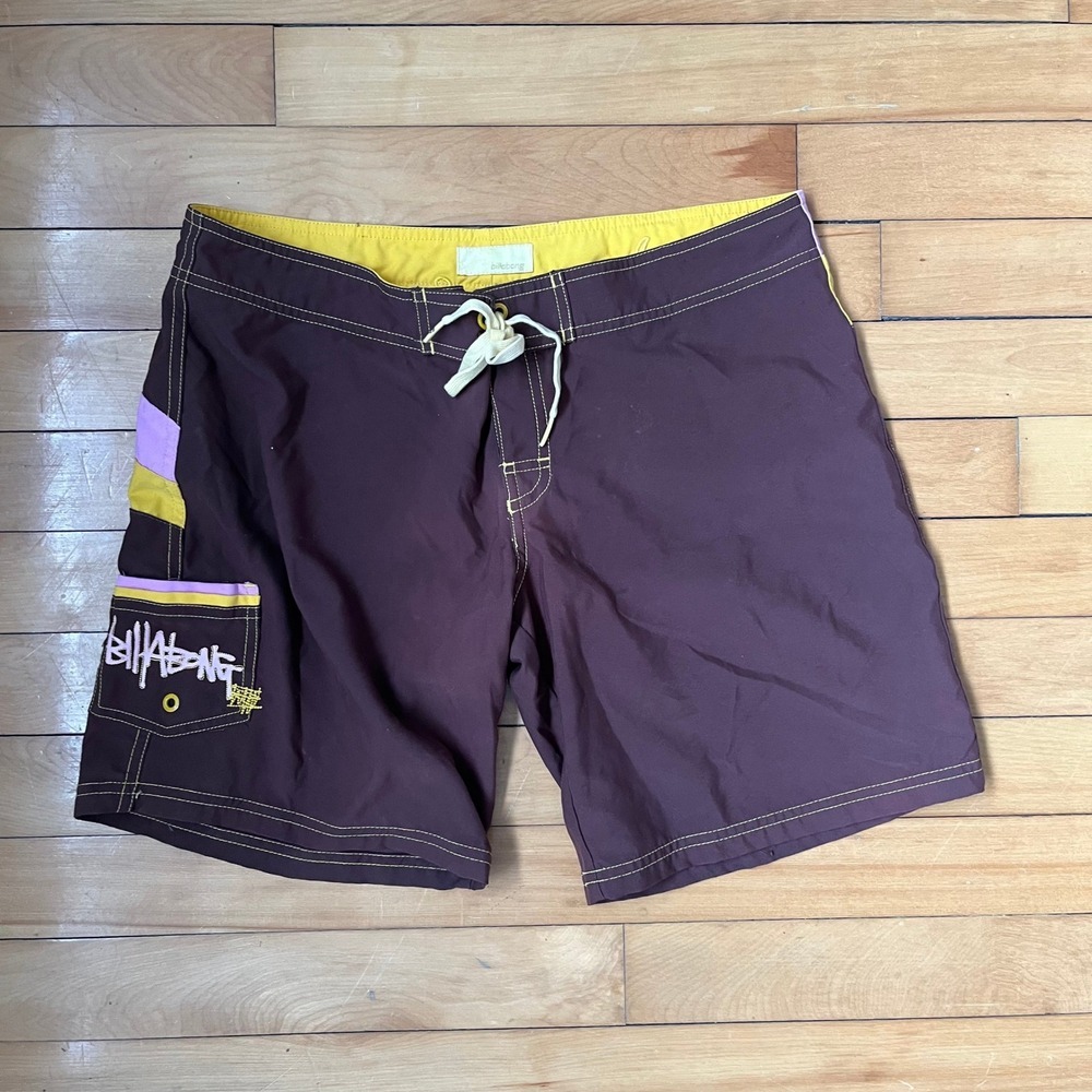 Billabong Board Shorts W 30 Brown Yellow Purple Y2K Surf Swim Trunks Size 9 30
